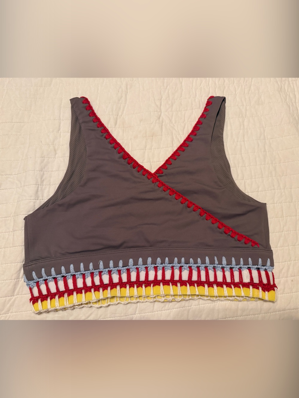 Carbon38 Gray Cropped Sports Bralette with Multicolor Crochet Trim